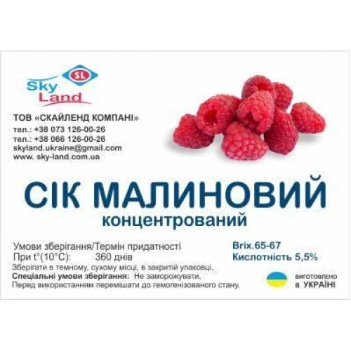 Концентрированный малиновый сок (65-67 Briх) кислотность 5,5%, канистра 10л/13кг Концентрированный малиновый сок (65-67 Briх) кислотность 5,5%, канистра 10л/13кг