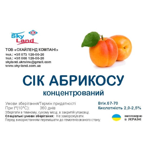Концентрированный сок абрикоса осветленный 65-67 Briх кислотность 2,0-2,5 % канистра 10л/13кг Концентрированный сок абрикоса осветленный 65-67 Briх кислотность 2,0-2,5 % канистра 10л/13кг